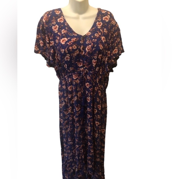 Knox Rose Peasant Floral Maxi Dress XXL Ruffle Hem Flutter SS Blue Drawstring - Picture 2 of 6